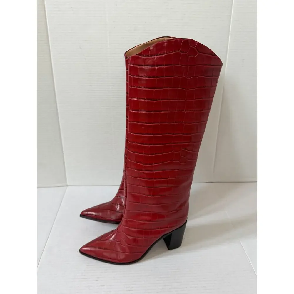 NWOT Women's Schutz Maryana Block Leather Wide Red-Brown Croc Embossed Boot 8.5